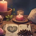 How to Use Cloves for Love Magic: Witch’s altar with cloves, pink candle, rose quartz and a love spell charm bag on rustic wood, lit with soft candlelight and a romantic glow