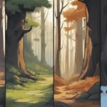 A single forest scene is split into 4 parts, each showing a different season: Spring, Summer, Autumn, Winter