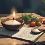 Minimalist witchcraft tools on a wooden table – tea light, salt, spoon, and herbs – "Witchcraft on a Budget"