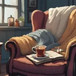 A cosy witch’s corner with tea, blankets, a journal, and a lit candle – "Witchy Self-Care"