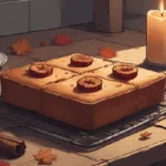 A rustic kitchen scene with a square plum and ginger cake on a cooling rack, scattered autumn leaves, cinnamon sticks, and a lit candle beside it. Cosy, warm light. Cottage witch aesthetic.