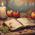 History and Folklore of Mabon ritual altar with apples, grapes, and autumn leaves