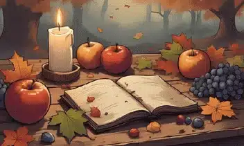 History and Folklore of Mabon ritual altar with apples, grapes, and autumn leaves