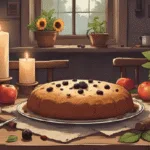 A rustic Lammas kitchen with blackberry and apple cake on a wooden table, surrounded by candles, apples, cinnamon sticks, and sunflowers.