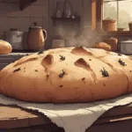 : Lammas bread recipe featuring red onion and rosemary focaccia, baked golden in a rustic kitchen setting.