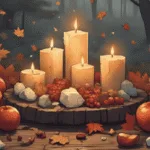 Mabon correspondences herbs crystals & colours displayed on an autumn altar
