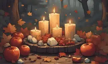 Mabon correspondences herbs crystals & colours displayed on an autumn altar