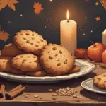 Mabon oat biscuits on a rustic tray with autumn leaves and candlelight