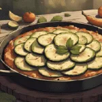Harvest vegetable bake for Mabon recipes with courgette, aubergine, goat’s cheese and autumn vegetables in a rustic baking dish