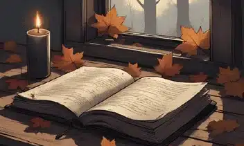 Mabon shadow work journal with candle and autumn leaves