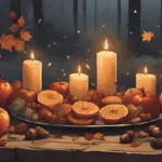 Mabon altar with apples, candles and autumn leaves
