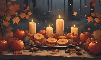Mabon altar with apples, candles and autumn leaves