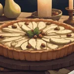A rustic pear, walnut & blue cheese tart, styled on a wooden table with autumnal herbs, candles, and a cosy witchy aesthetic.