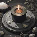 Witchy flatlay with black candle, rosemary, salt, and crystals for how to remove a spell ritual.