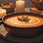 Bowl of spiced butternut soup with chilli and cream, styled on a rustic altar table with autumn leaves, candles, and a harvest basket.