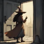 A witch stepping from shadows into soft sunlight, holding a candle or journal – "Coming Out of the Broom Closet"