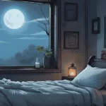 A moonlit bedroom with bay leaves tucked under a pillow, soft glow of candles and protective symbols on the wall, dreamy atmosphere.