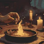 Bay Leaves | Candlelit altar with a witch writing on a bay leaf before burning it in a small cauldron, warm golden glow, rustic cottage setting.
