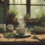 Bay Leaves | A rustic kitchen table with a steaming cup of bay leaf tea, herbs in jars, mortar and pestle, and glowing candles for healing magic.