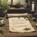 A witch’s wooden desk with dried bay leaves, candles, and a parchment scroll reading “Safety First,” surrounded by herbs and a teacup.