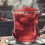 Collagen-Friendly Ritual | A steaming ruby-red rose & hibiscus tea in a witch’s kitchen, pink candle, rose quartz, soft morning light, whimsical cottage-core, high detail.