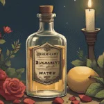 A glass bottle of Queen of Hungary Water toner with rosemary sprigs, rose petals, and lemon balm on a rustic witch’s altar, candlelight glow.