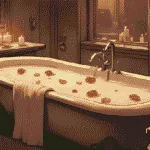 Cleopatra milk and honey bath: A luxurious bath with milk, honey, and rose petals, candles glowing, rose quartz nearby, evoking Cleopatra’s glamour ritual.