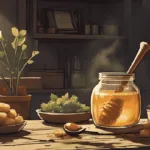 honey magic for beginners | A rustic witch’s altar with a jar of golden honey, wooden spoon, herbs and a candle, cosy magical cottage setting