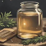 A rustic glass jar of rosemary hair rinse beside fresh sprigs, a wooden comb, and a lit candle on a witch’s vanity table.