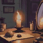 mirror magic for confidence | A witch’s vanity with a glowing candle beside a mirror, soft golden light, a crystal and lipstick nearby, magical aura of confidence.