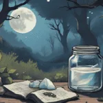 How to Use Moon Water: Enchanting flat lay of crystals, herbs, and a glass jar under moonlight, showing how to use moon water in witchcraft rituals.