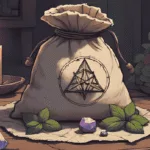 charm bag for charisma | A small fabric charm bag with herbs, crystals, and a sigil, glowing softly by candlelight on a witch’s altar.