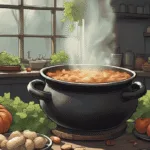 beauty broth for glowing skin | A steaming cauldron-style pot of beauty broth with herbs, vegetables, and crystals nearby on a rustic witch’s kitchen table.