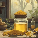 calendula for skin healing | A jar of calendula-infused oil with golden petals scattered around, sunlight streaming on a rustic witch’s altar.