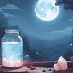 moon water beauty ritual | A glass jar of glowing moon water on a windowsill under full moonlight, surrounded by rose petals and crystals.