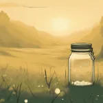 morning dew magic for beginner | Sunrise over a meadow with grass sparkling with morning dew, a glass jar ready to collect the droplets, soft magical atmosphere.