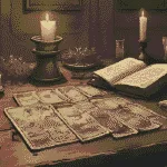 Tarot for Beginners | A vintage-style tarot deck on an old wooden table with candles, herbs, and an open grimoire. Warm, mystical lighting.