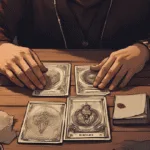 Tarot for Beginners | A beginner witch shuffling tarot cards at a wooden table, with candles, tea, and a notebook beside the deck. Warm and inviting.