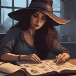 Tarot for Beginners | A witch gazing at a tarot spread, journal and teacup nearby, soft candlelight and shadows. Calm, reflective mood.
