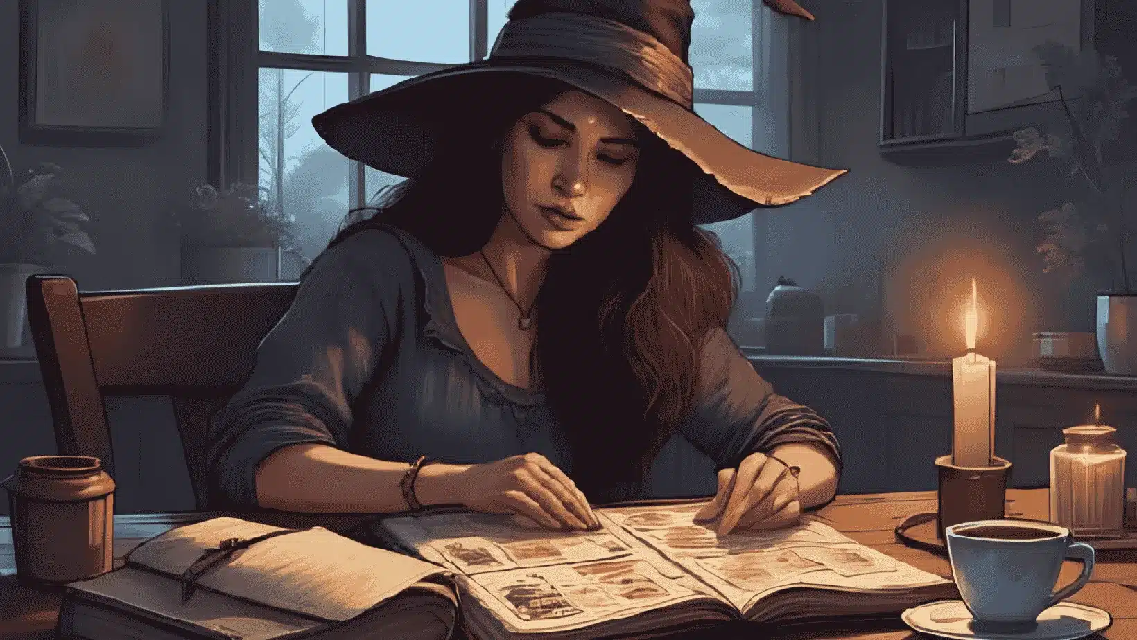 Tarot for Beginners | A witch gazing at a tarot spread, journal and teacup nearby, soft candlelight and shadows. Calm, reflective mood.