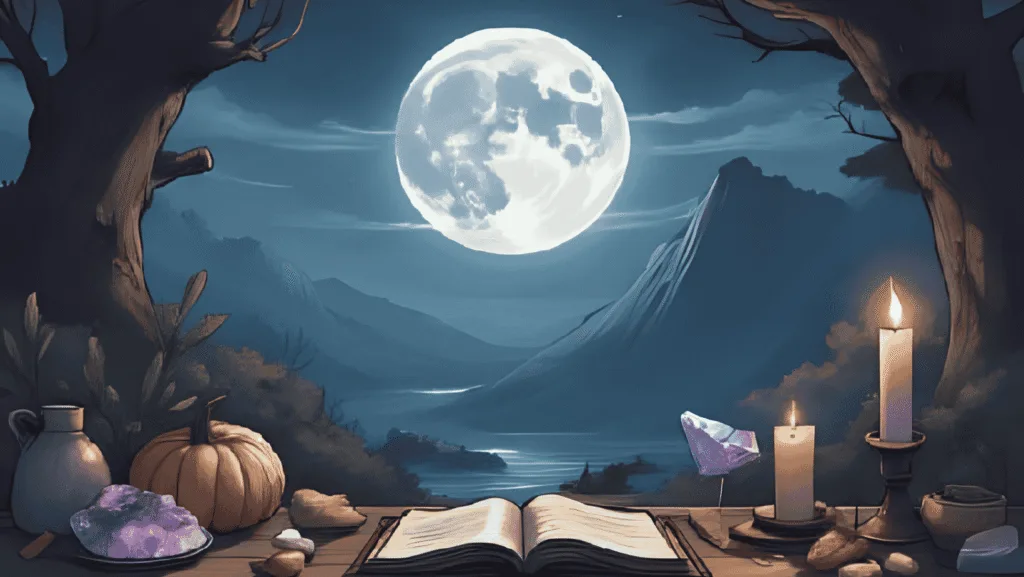 A beginner witch’s altar with a candle, journal, and crystal under a dark sky, showing new moon rituals for beginners.