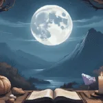 A beginner witch’s altar with a candle, journal, and crystal under a dark sky, showing new moon rituals for beginners.