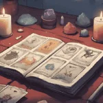 Tarot for Beginners A beginner witch’s tarot setup with candles, crystals, and an open notebook, cards laid out casually. Cosy and approachable.