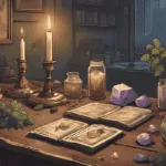 Tarot for Beginners – witch’s altar with tarot cards, candles, and crystals.