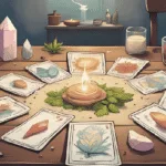 Oracle Cards for Beginners – oracle deck with crystals and herbs on a table.