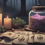 Oracle Cards for Beginners – oracle cards on a witch’s altar with herbs and crystals.
