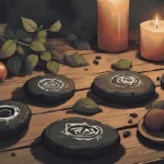 Witch Runes for Beginners – modern witch runes on black stones with herbs and candles.