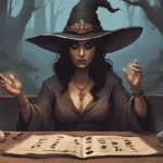 Witch Runes for Beginners – the 13 witch runes cast on a wooden altar with candles and crystals.