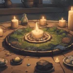 Witch Runes for Beginners – witch runes arranged on an altar with candles, herbs, and crystals.