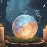 Crystal Ball Scrying for Beginners – glowing crystal ball on altar with candles and herbs.